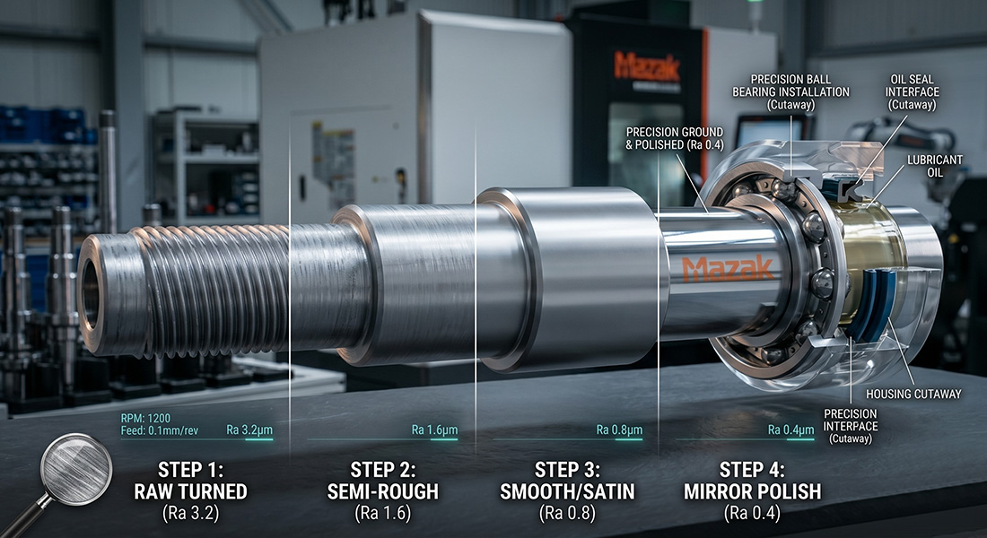 Visual comparison of CNC machining service surface roughness grades from Ra 3.2 to Ra 0.4