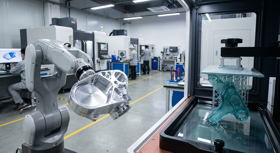 SLA 3D printer with a resin prototype next to a precision CNC machined metal part, highlighting hybrid manufacturing.