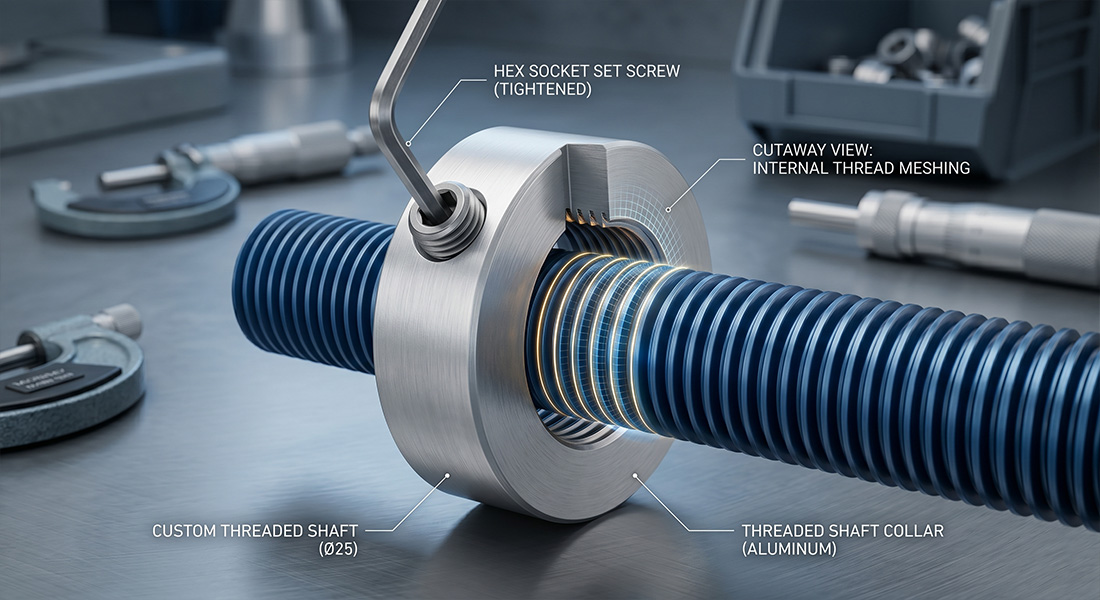 Custom threaded shaft secured perfectly with a matching threaded shaft collar