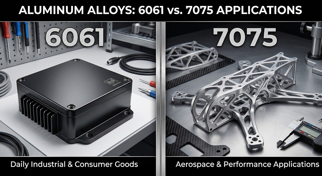 3 Comparison of CNC machined applications: 6061 aluminum electronic housing vs 7075 aluminum aerospace drone frame.