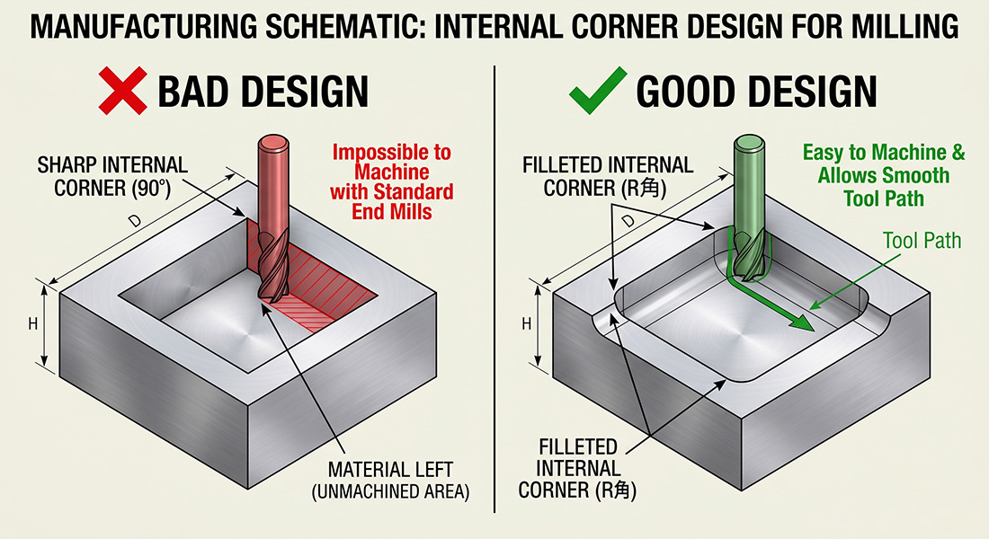 1 CNC machining DFM guide showing why internal corner radii are required for cylindrical end mills.