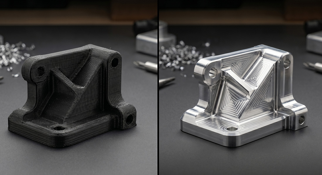 Visual comparison of surface finishes between custom 3D printed parts and precision CNC machined aluminum.