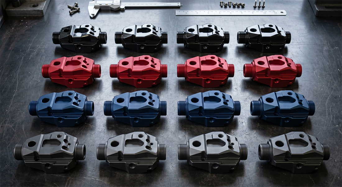 2 Assortment of CNC machined aluminum parts featuring colorful Type II anodized surface finishes.