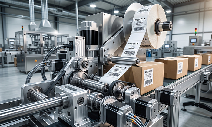 A high-speed packaging and labeling production line powered by our custom CNC-machined components, including packaging machine drive shafts and custom shafts for labeling machines.