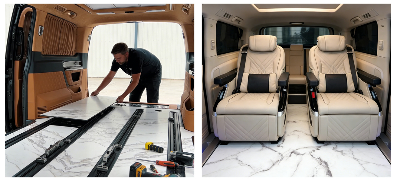 Durable marble pattern wood flooring installation for luxury commercial MPV fleet vehicles