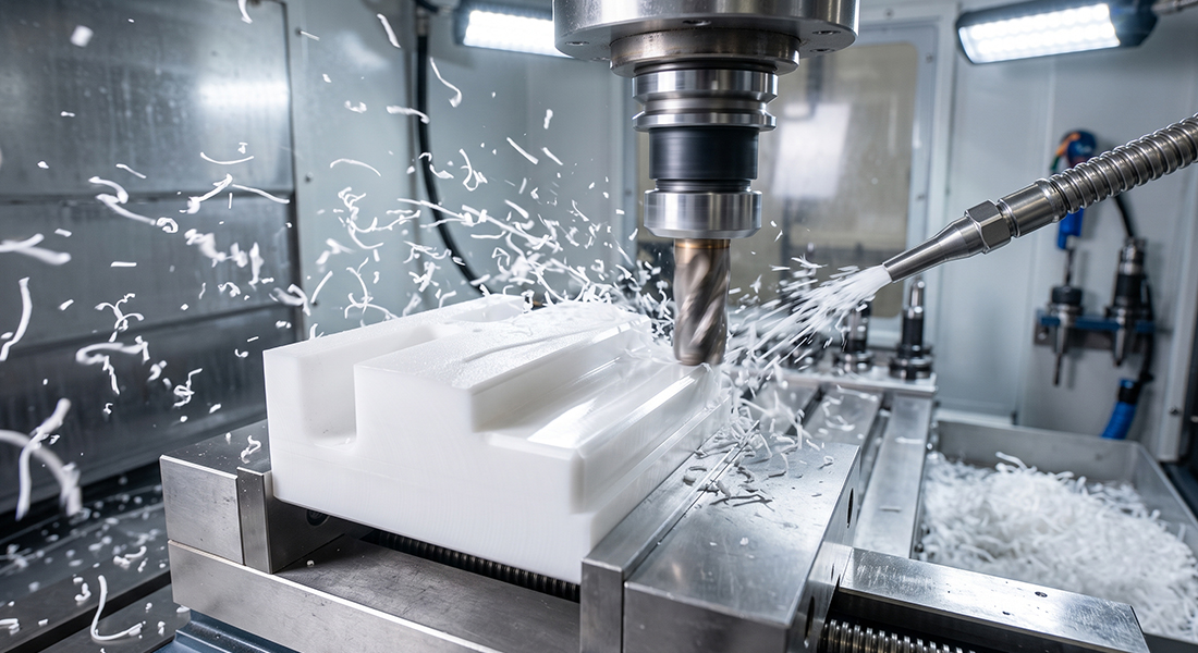5-axis CNC milling machine processing a solid block of white Delrin POM plastic for high-precision engineering parts.