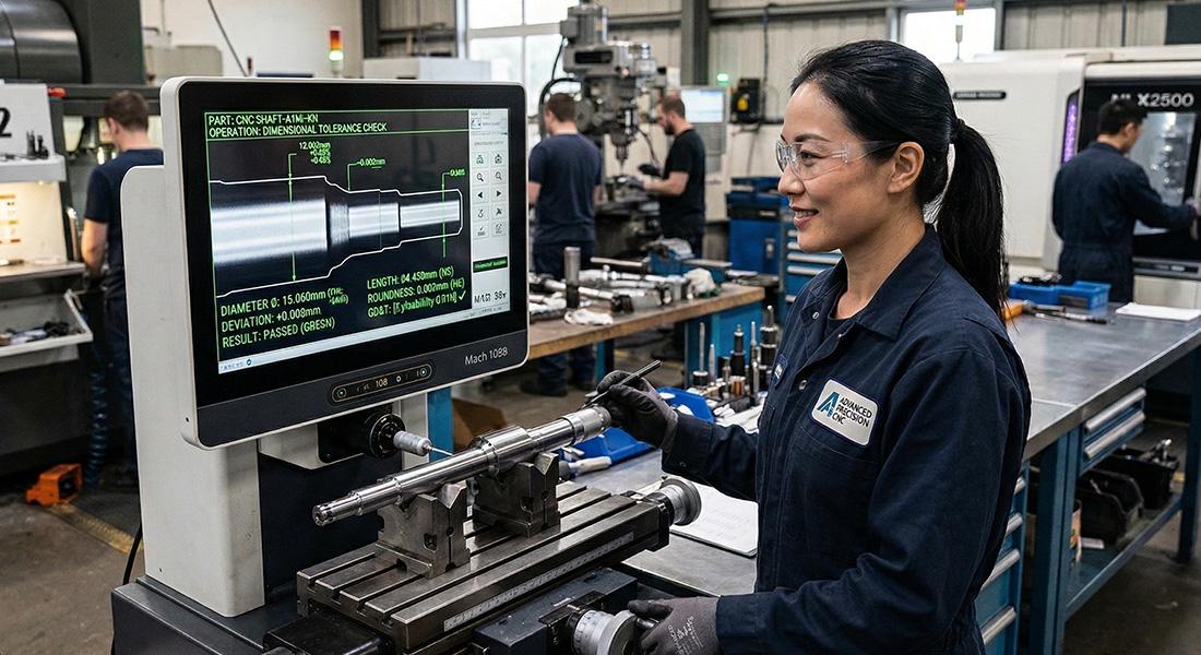 A skilled female technician using an optical measuring system on a CNC machined shaft for dimensional tolerance check.