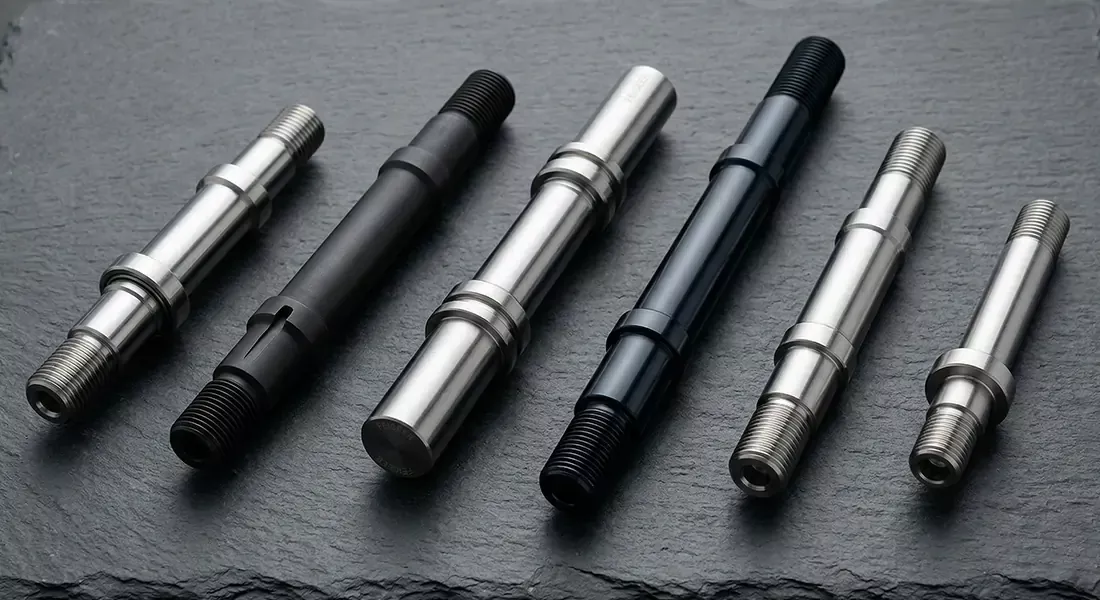 Range of CNC machined motorcycle axles in different finishes and sizes.