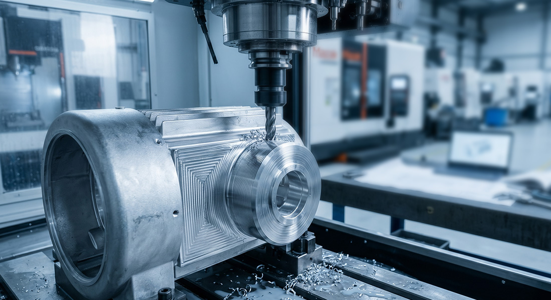 CNC machining process for a custom aluminum electric motor housing at Feigeer Tech factory.