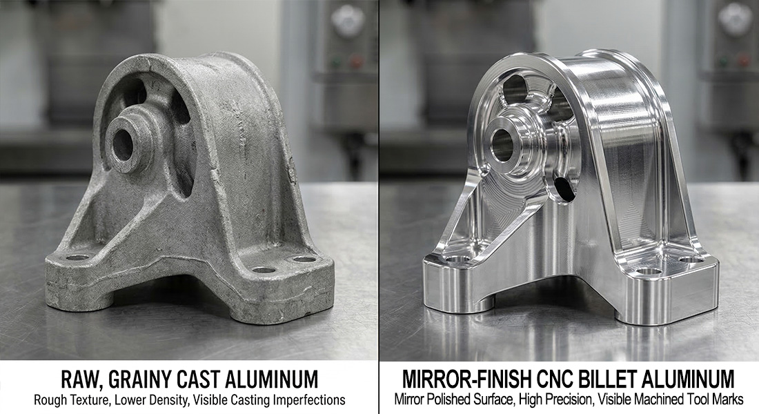 Comparison between porous cast metal and dense, high-performance CNC billet aluminum.