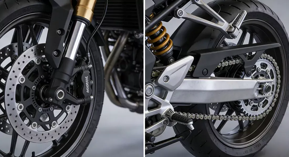 Close-up of motorcycle suspension, braking system, and rear drive chain.