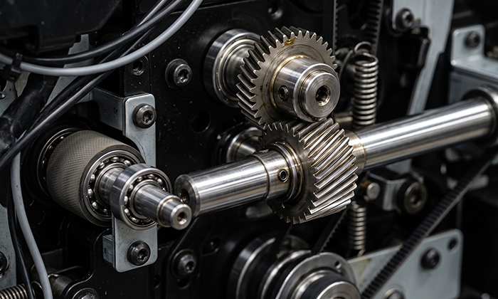Internal mechanical structure of commercial equipment, featuring custom small industrial shafts, printer roller shafts, and replacement auger shafts for vending machines.