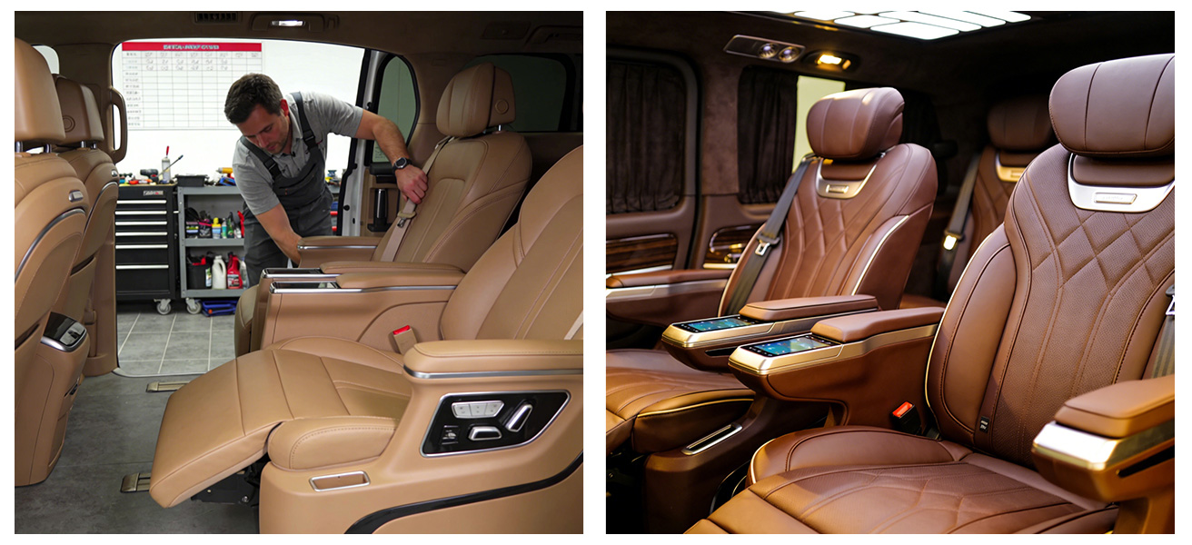Premium car rear seat modification with reclining massage captain chairs for executive MPV shuttles