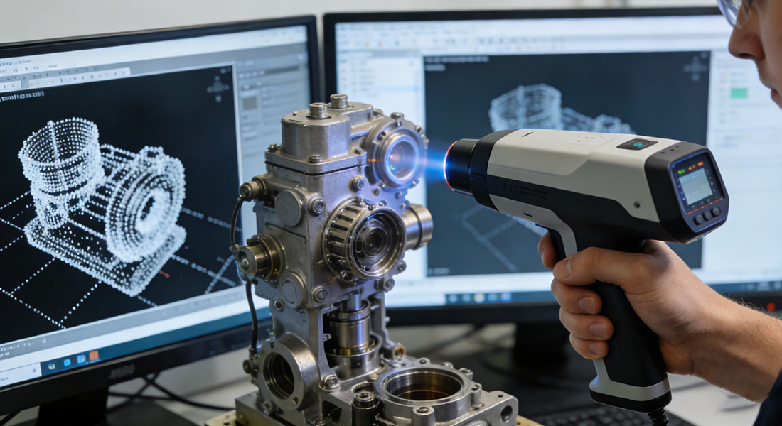 Precision laser engraving process marking a custom corporate logo on an anodized component.