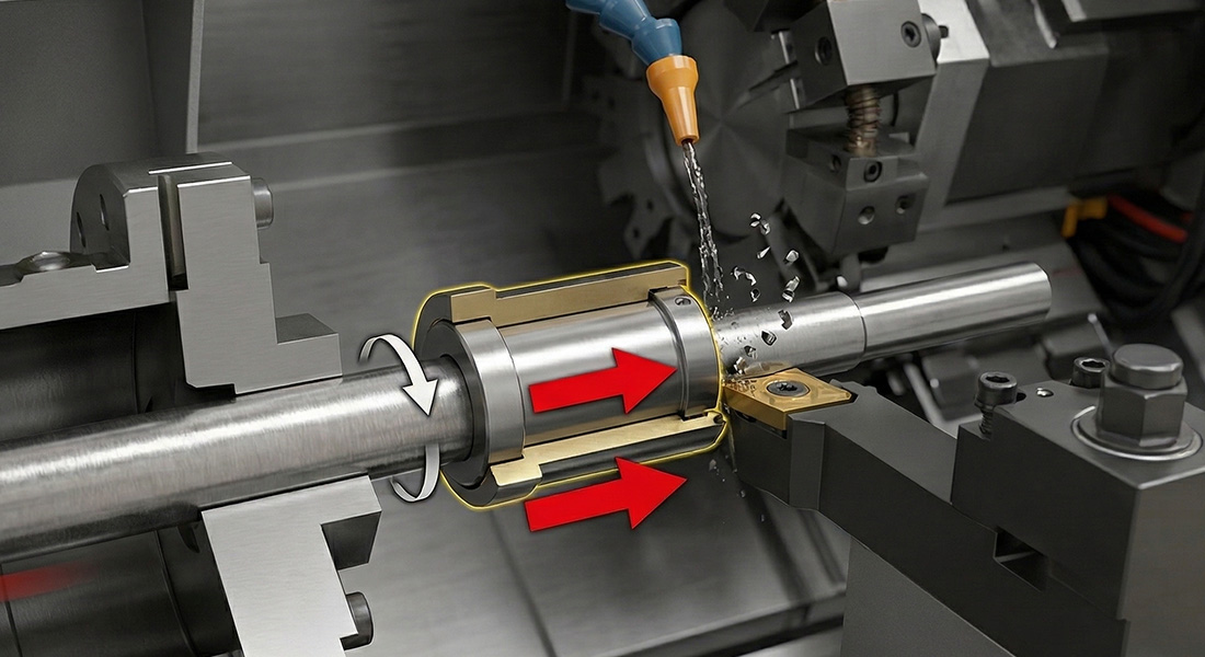 Technical diagram of Swiss Type CNC Machining showing the guide bushing support mechanism for slender shafts.