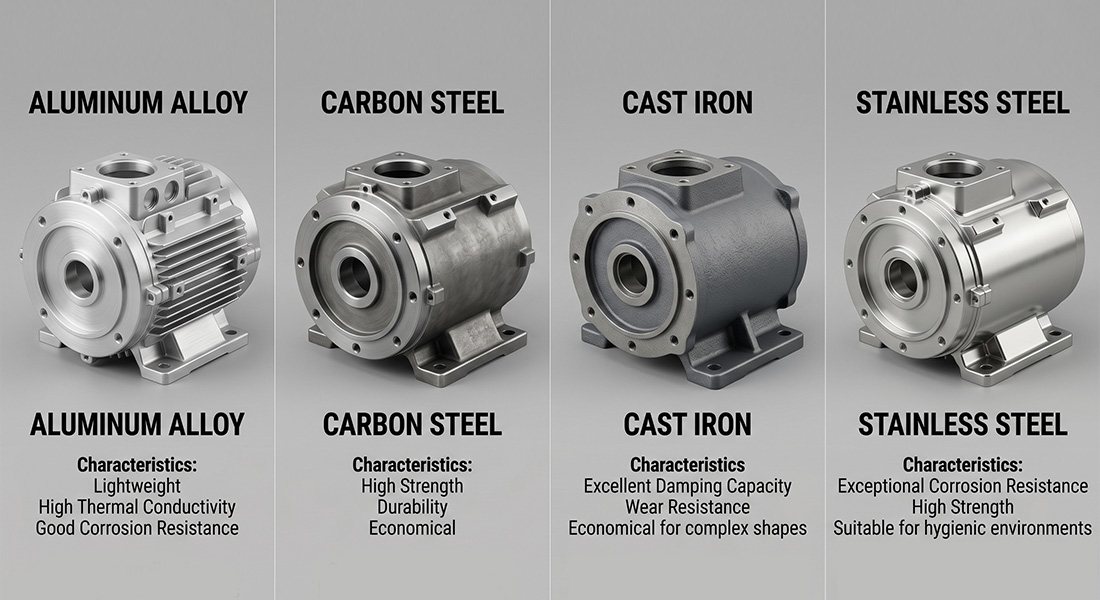 Comparison of custom motor housing materials including aluminum alloy, carbon steel, cast iron, and stainless steel with key characteristics.