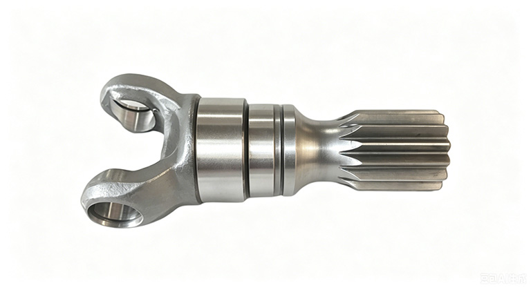 Custom CNC machined front axle short yoke shaft replacement for John Deere agricultural tractors.