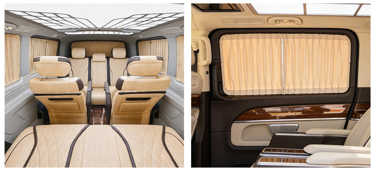 Custom blackout privacy curtains for VIP passenger discretion in corporate MPV conversions