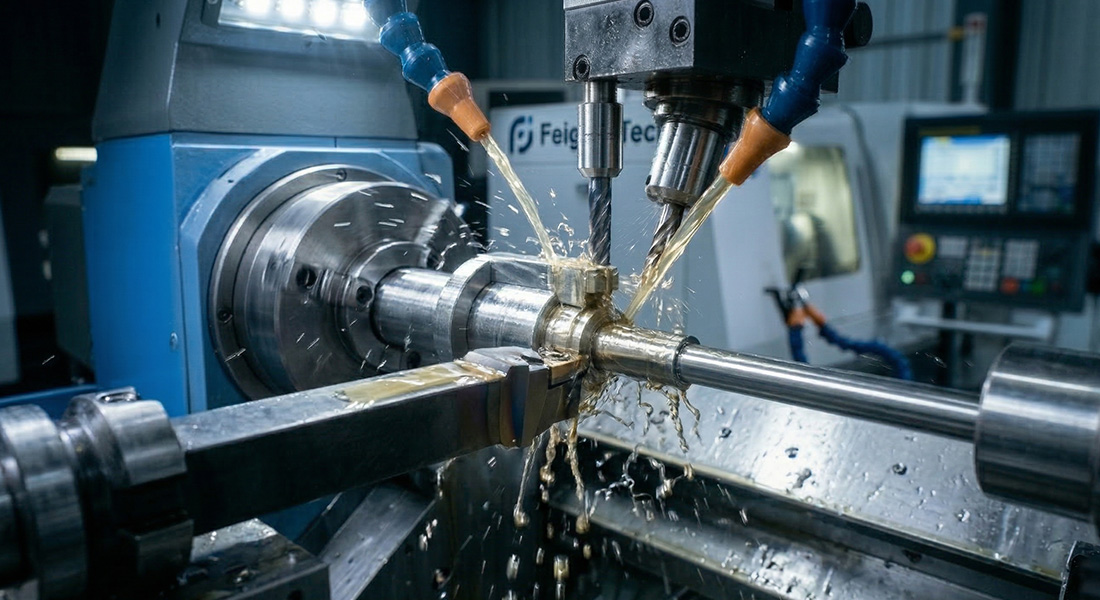 Multi-axis CNC Swiss Lathe Machining process at Feigeer Tech factory featuring live tooling and high-pressure oil cooling.