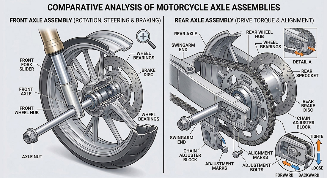 Comparative diagram showing front axle braking and steering vs. rear axle drive alignment.