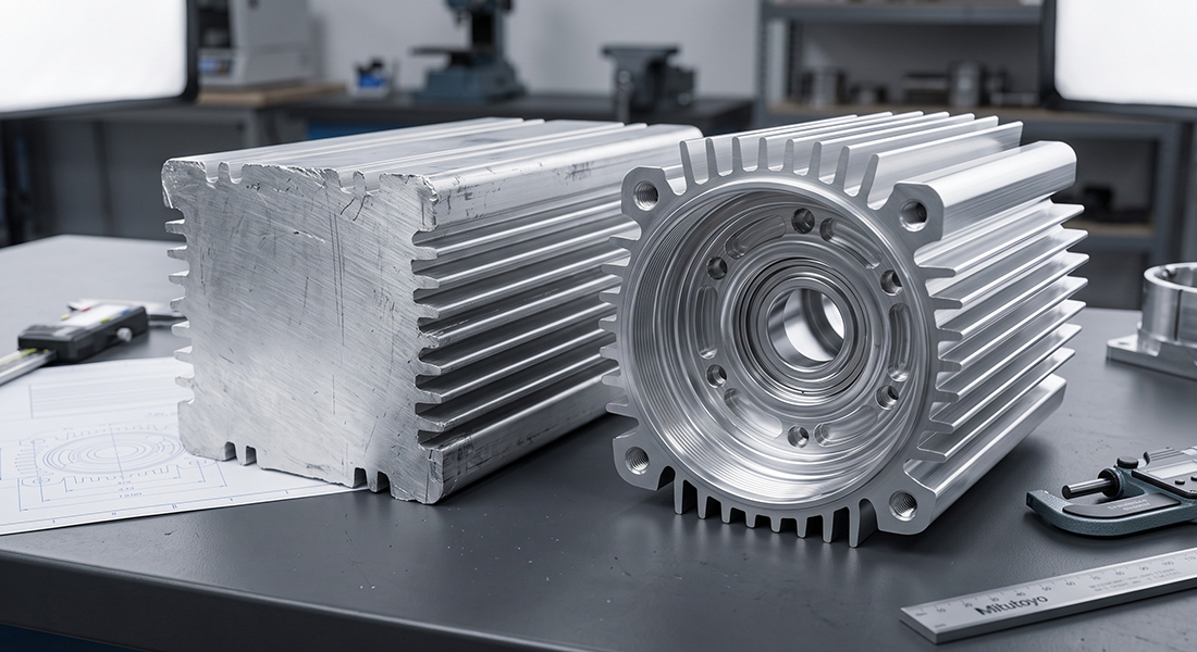 A raw 6061 aluminum extrusion profile next to a finished CNC machined motor housing, demonstrating a cost-effective starting blank that reduces material waste.