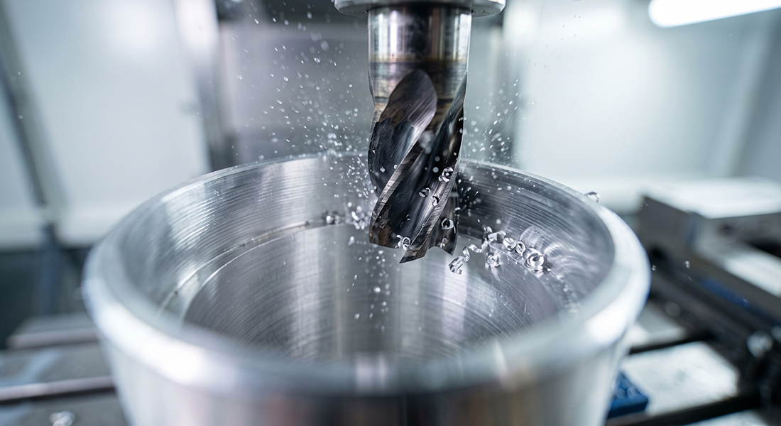 A CNC milling tool machining the internal cavity of a thin-walled aluminum motor housing, illustrating the engineering challenges of material deformation.