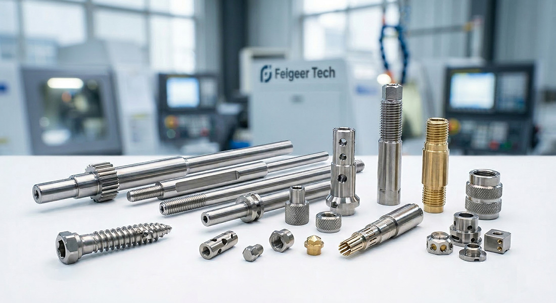 Collection of custom Swiss Machined Components for medical, aerospace, and electronics industries by Feigeer Tech.